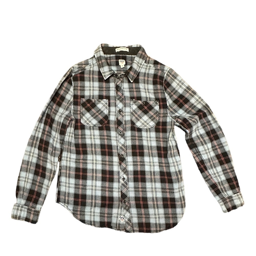 Junk food clothing woman’s blue plaid flannel size M
